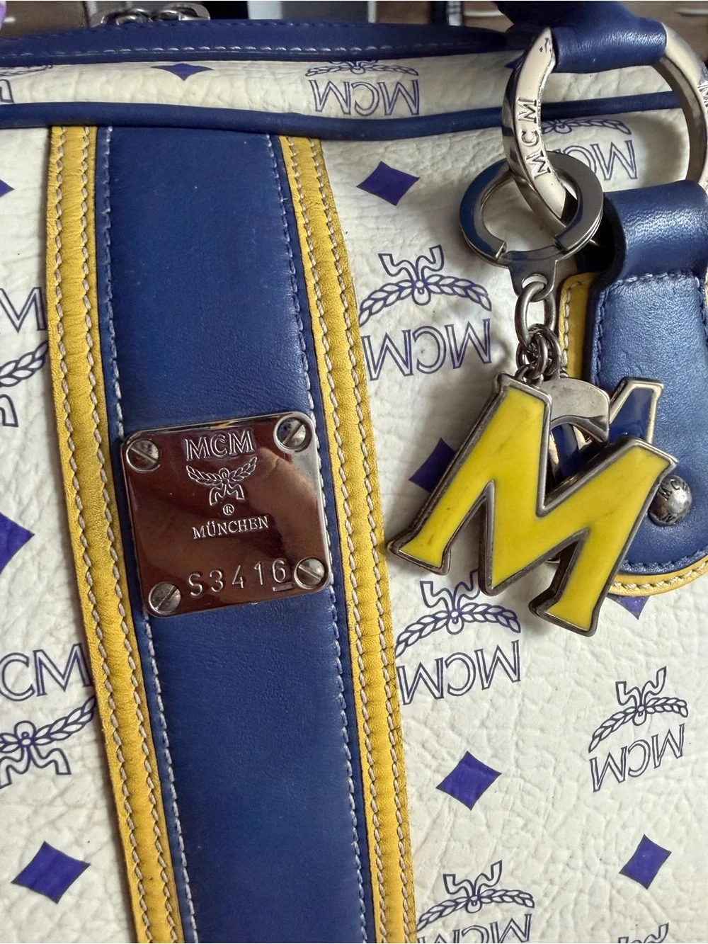 MCM Cream Satchel with Blue Trim and Yellow Accents